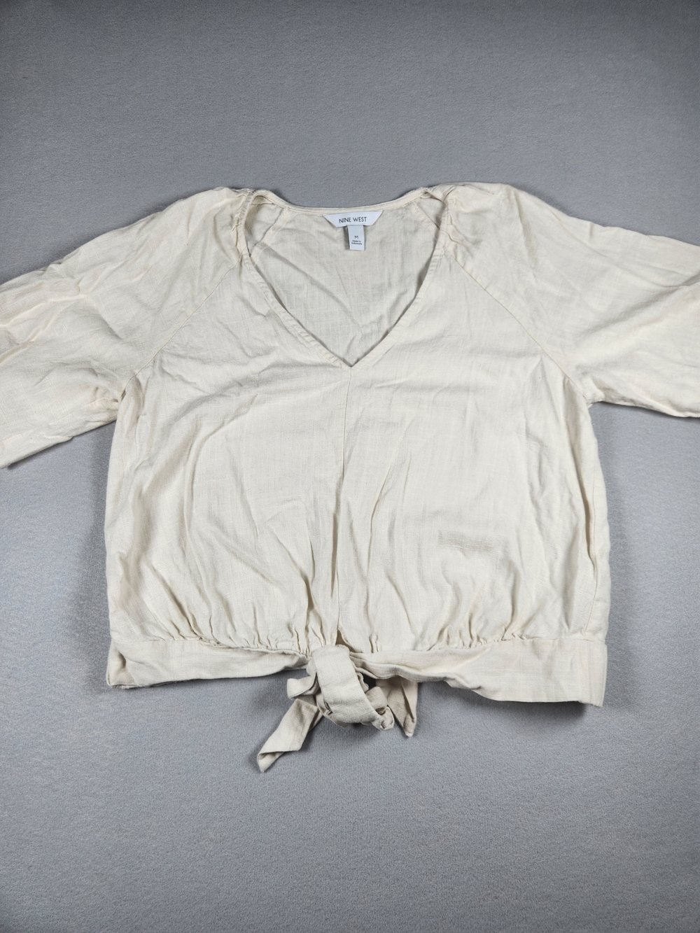 Nine West Cream V-Neck Tie-Front Blouse Linen